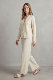 Charlotte Haines | Gold Button Lounge Set with Wide-Leg Trousers