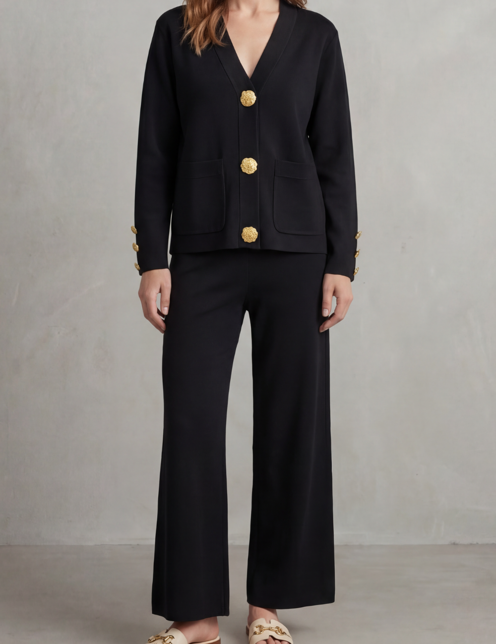 Charlotte Haines | Gold Button Lounge Set with Wide-Leg Trousers