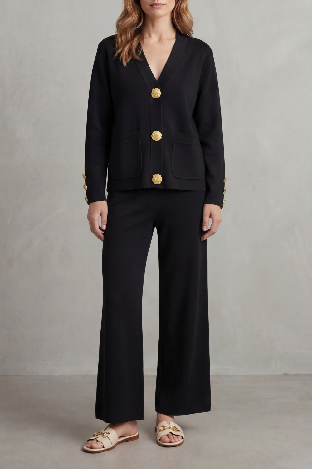 Charlotte Haines | Gold Button Lounge Set with Wide-Leg Trousers