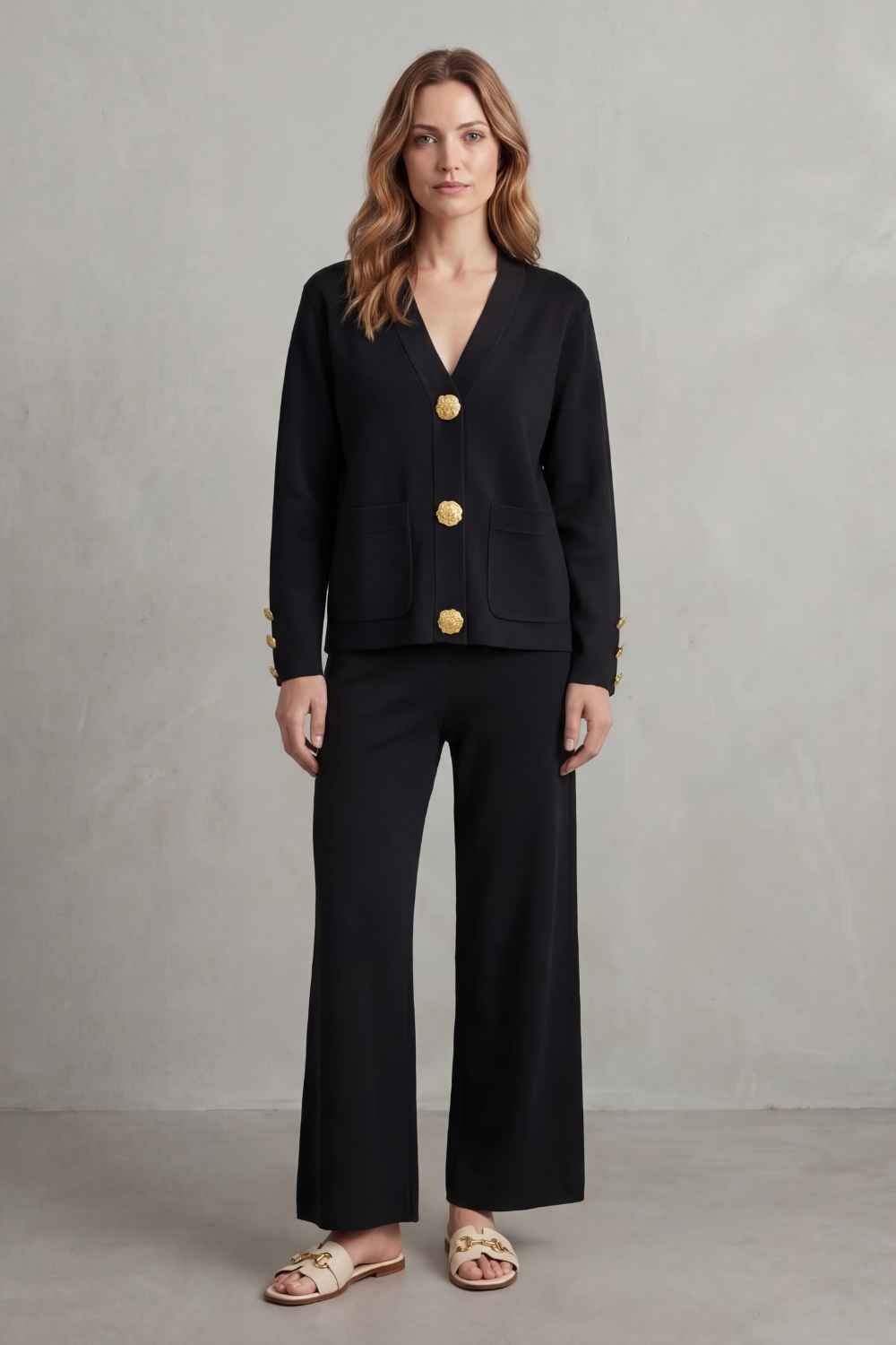 Charlotte Haines | Gold Button Lounge Set with Wide-Leg Trousers