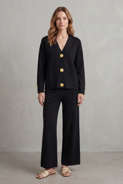 Charlotte Haines | Gold Button Lounge Set with Wide-Leg Trousers