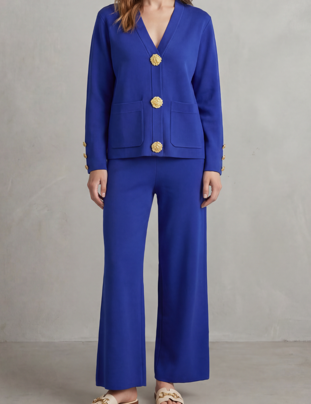 Charlotte Haines | Gold Button Lounge Set with Wide-Leg Trousers