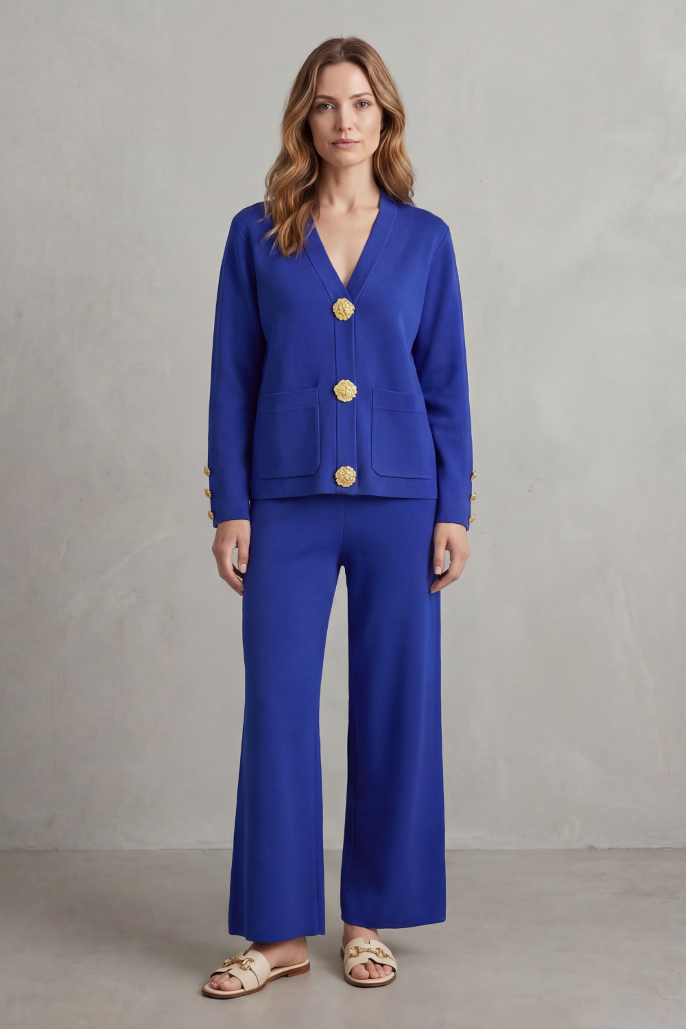Charlotte Haines | Gold Button Lounge Set with Wide-Leg Trousers