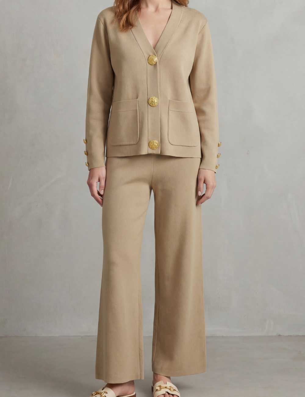 Charlotte Haines | Gold Button Lounge Set with Wide-Leg Trousers