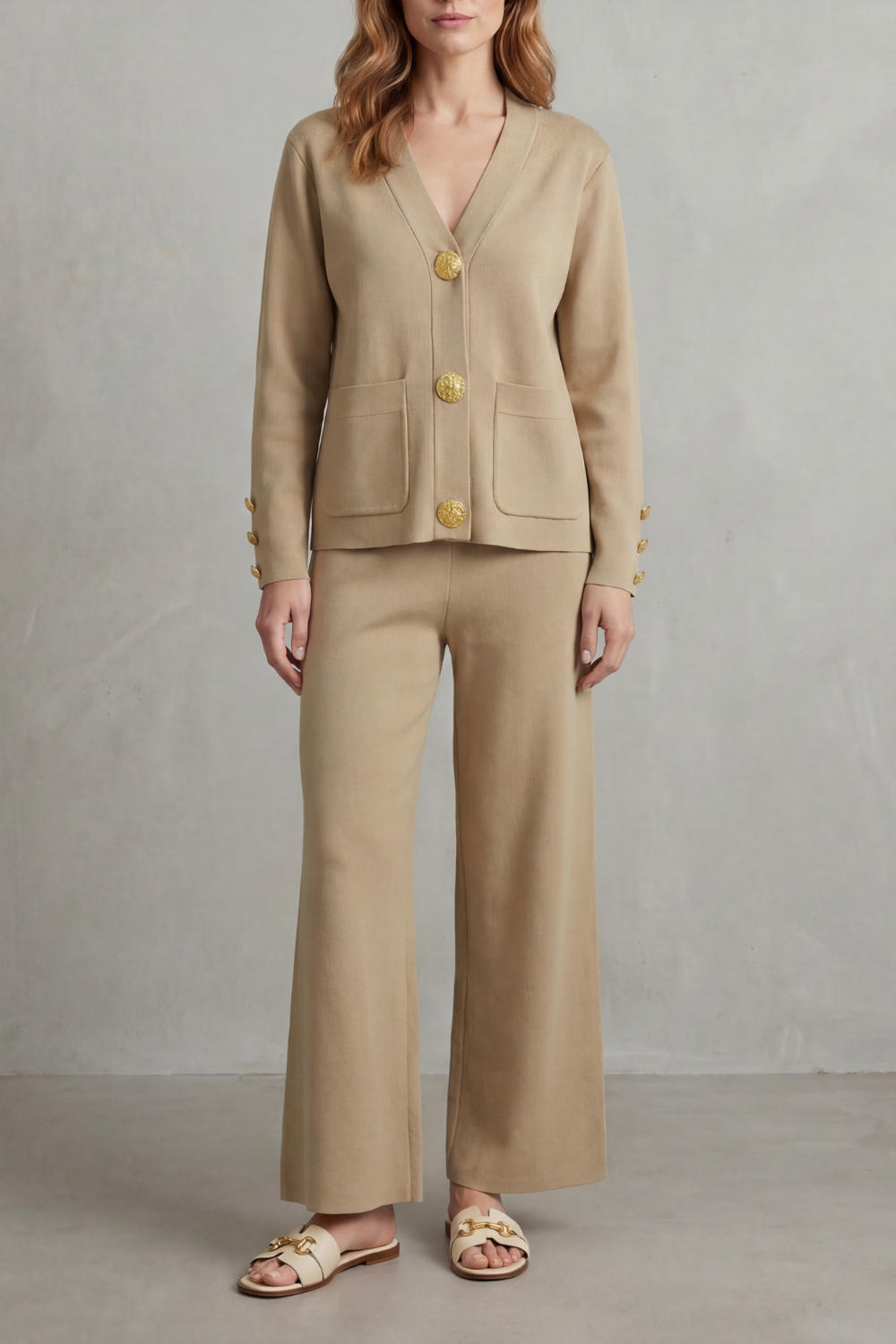 Charlotte Haines | Gold Button Lounge Set with Wide-Leg Trousers
