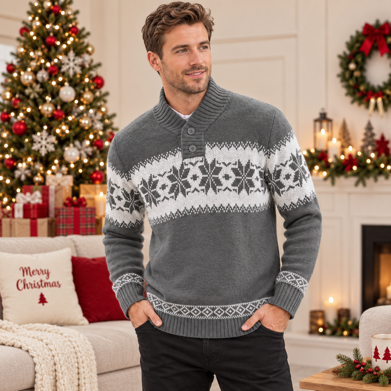 Yule Log | Pull de Noël à motif jacquard flocons de neige rouge pour hommes