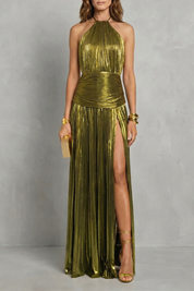 Vivienne Thornton | Luminara Metallic Halter Maxi Dress