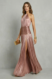 Vivienne Thornton | Luminara Metallic Halter Maxi Dress