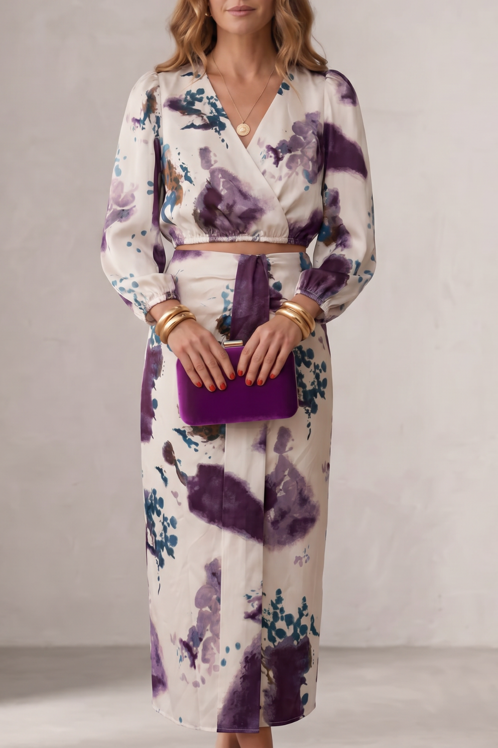 Cordelia Hughes | Watercolour Floral Two-Piece Set – Wrap Blouse & Midi Skirt