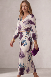 Cordelia Hughes | Watercolour Floral Two-Piece Set – Wrap Blouse & Midi Skirt