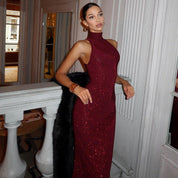 Lydia Ashcroft | Burgundy Halter Neck Bodycon Maxi Prom Dress
