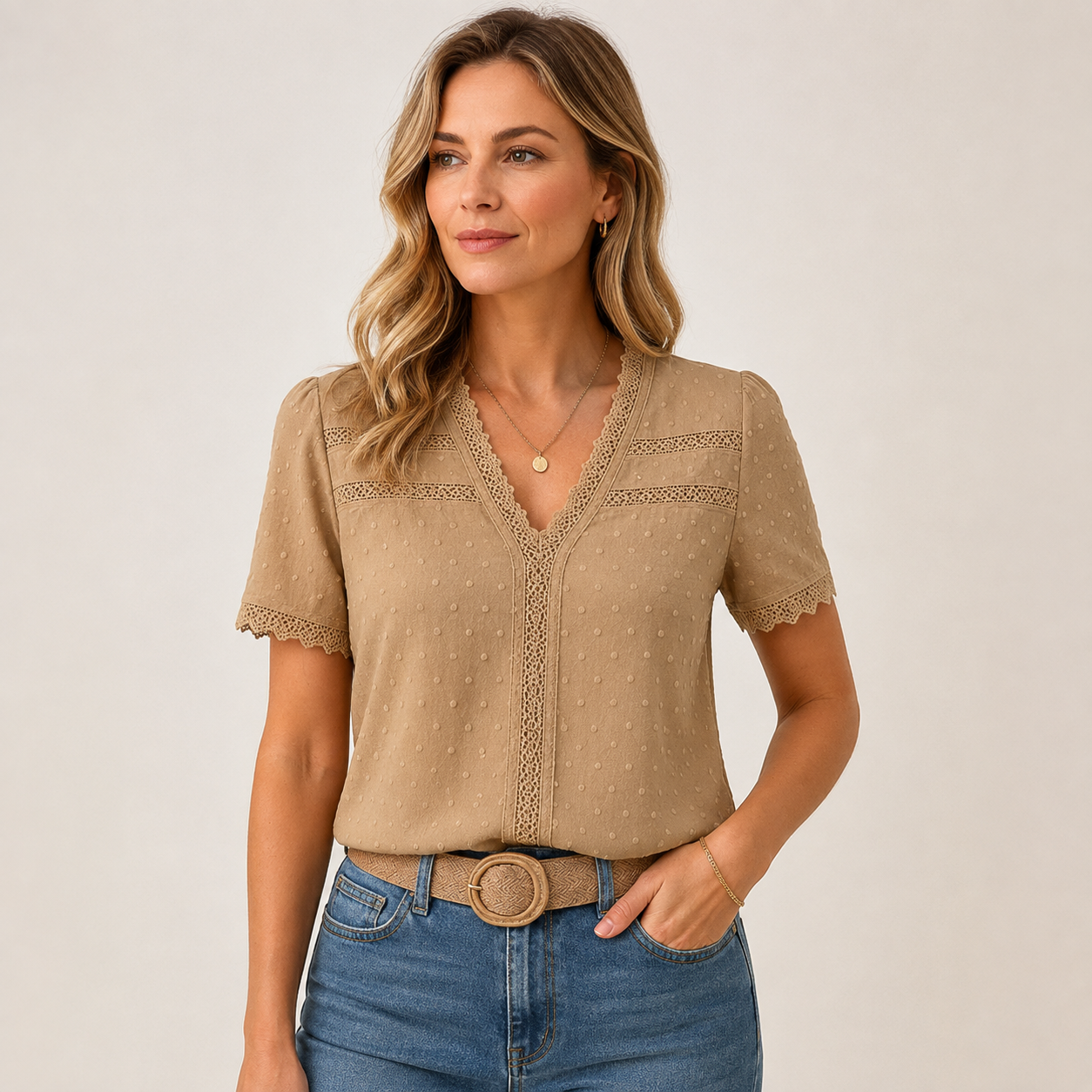 Lydia Hawthorne | Women's Swiss Dot V-Neck Lace Trim Blouse