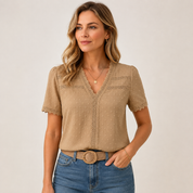 Lydia Hawthorne | Women's Swiss Dot V-Neck Lace Trim Blouse