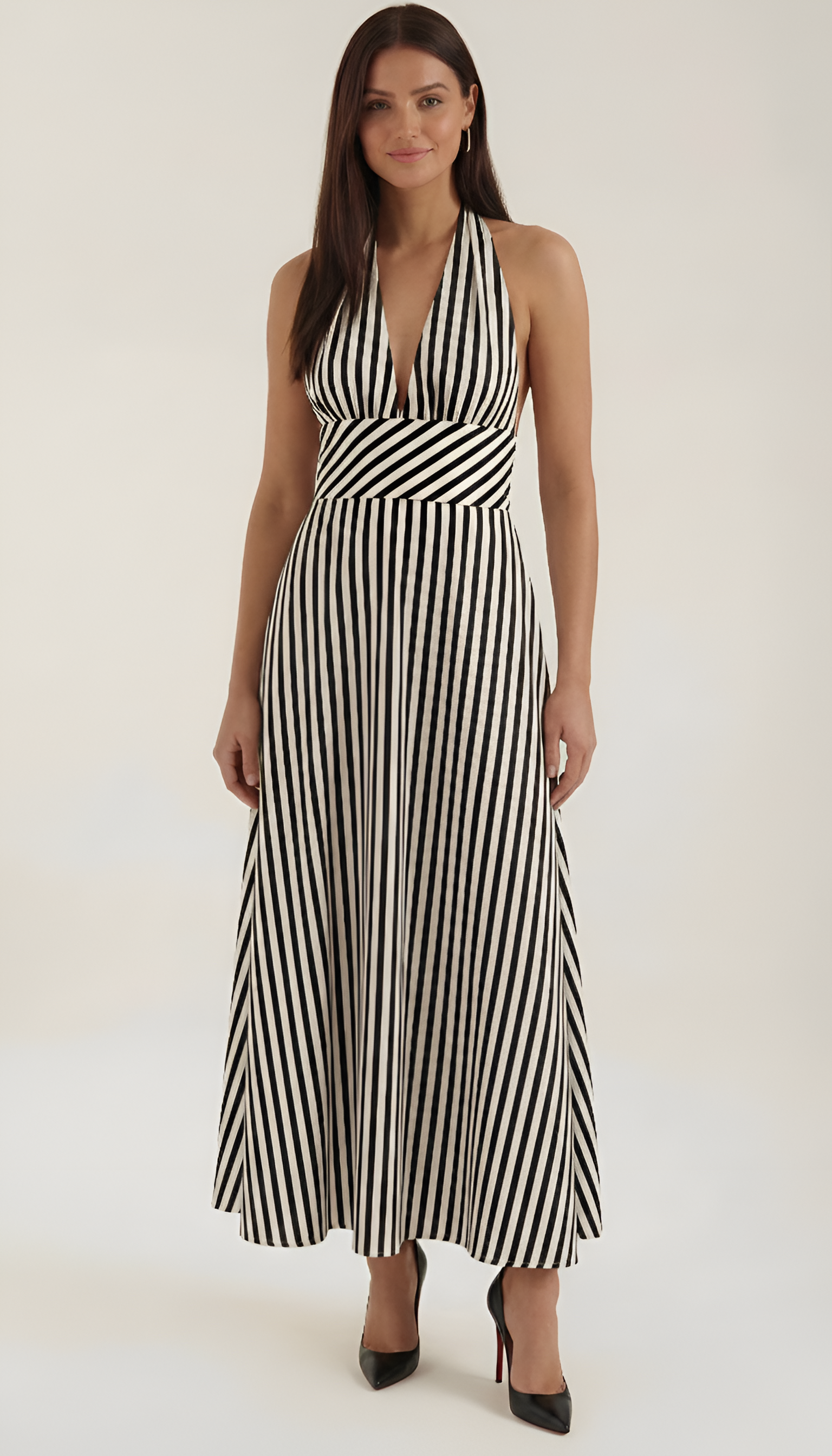 Mabel Holt | Halter Neck Striped Open-Back Maxi Dress