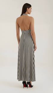 Mabel Holt | Halter Neck Striped Open-Back Maxi Dress
