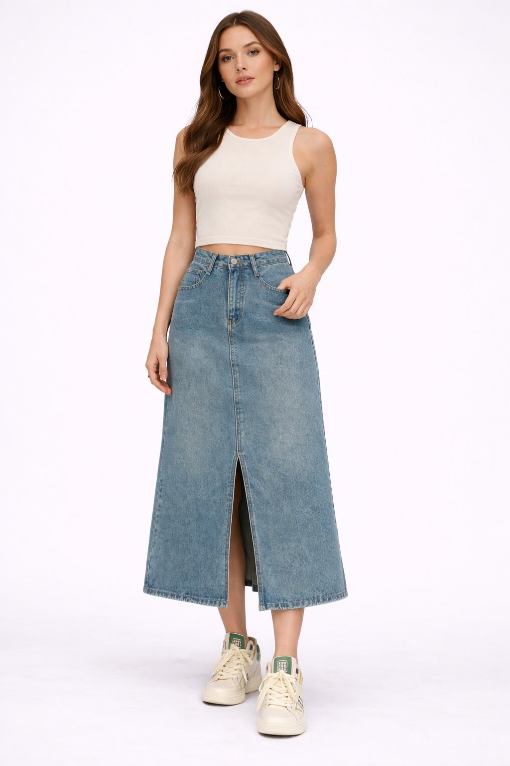 Margaux Lefevre | Denim Midi Skirt With Front Slit For Women