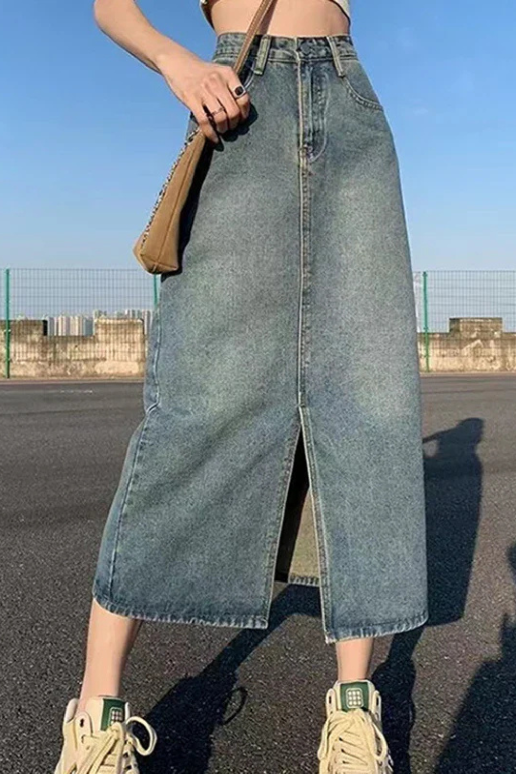 Margaux Lefevre | Denim Midi Skirt With Front Slit For Women