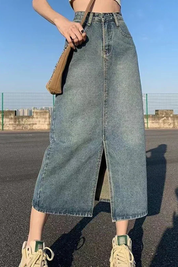 Margaux Lefevre | Denim Midi Skirt With Front Slit For Women