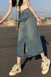 Margaux Lefevre | Denim Midi Skirt With Front Slit For Women