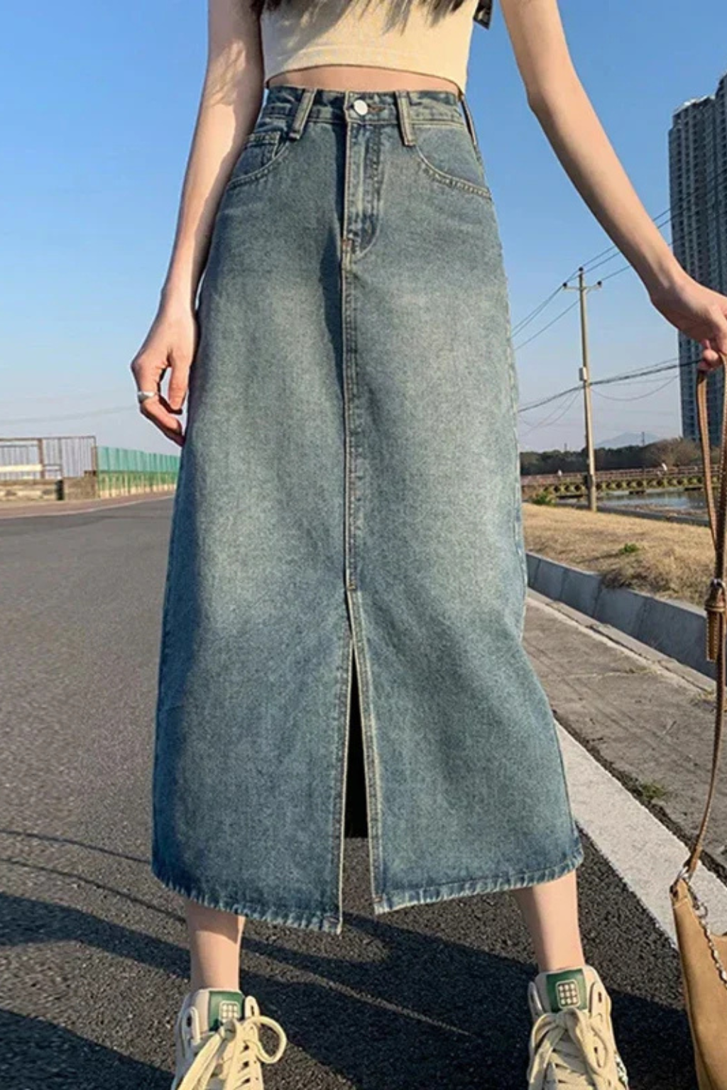 Margaux Lefevre | Denim Midi Skirt With Front Slit For Women