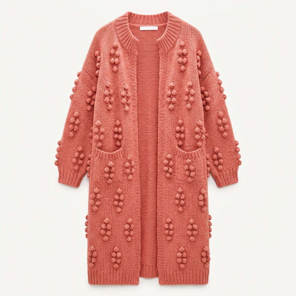 Cardigan long en grosse maille Margot Fenwick avec détails à pompons