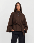 Marguerite Delvaux | Elegant Brown Belted Cape Jacket Funnel Neck