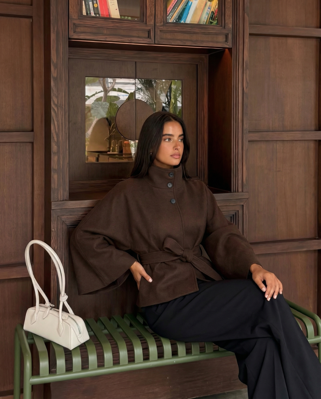 Marguerite Delvaux | Elegant Brown Belted Cape Jacket Funnel Neck