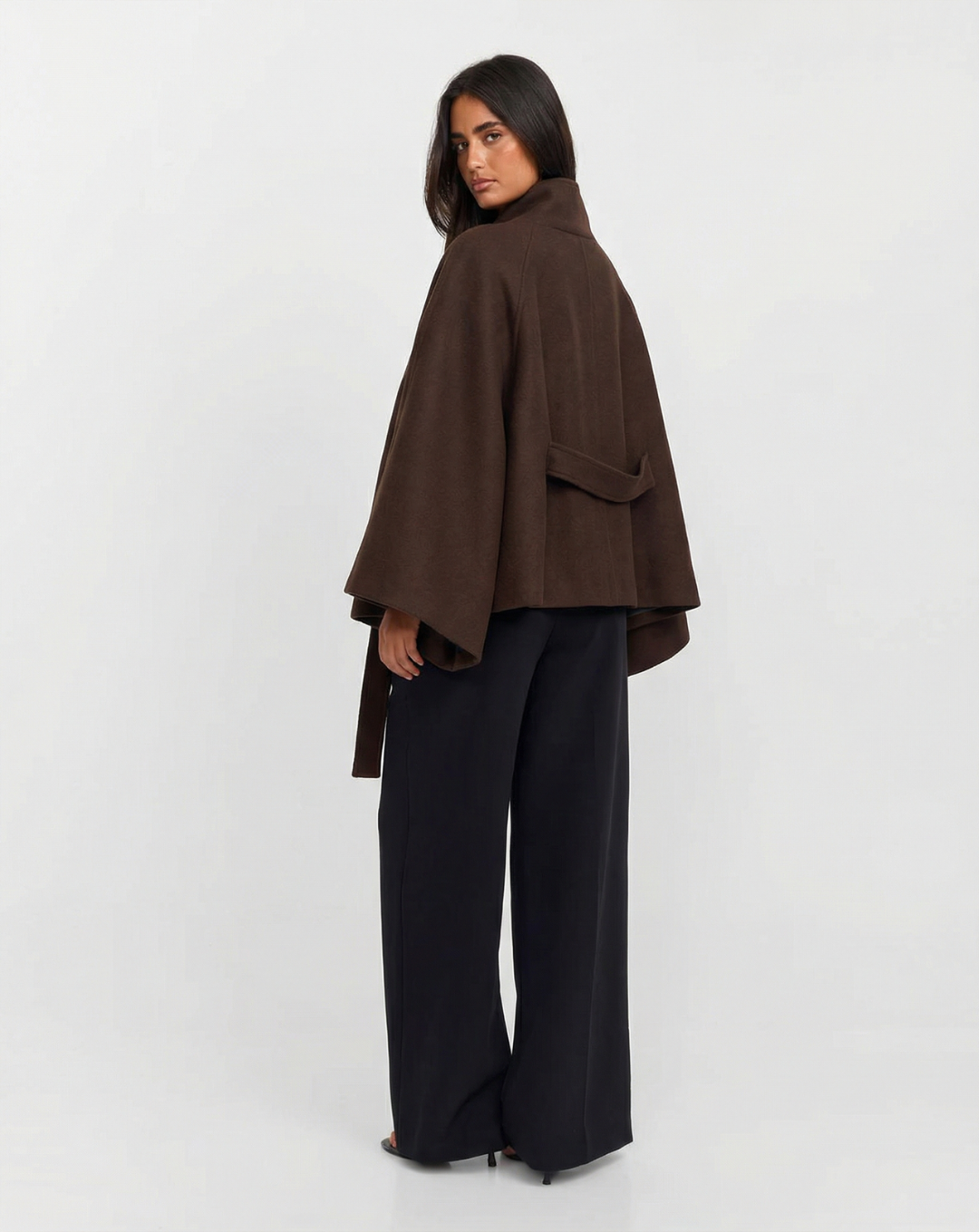 Marguerite Delvaux | Elegant Brown Belted Cape Jacket Funnel Neck