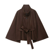 Marguerite Delvaux | Elegant Brown Belted Cape Jacket Funnel Neck