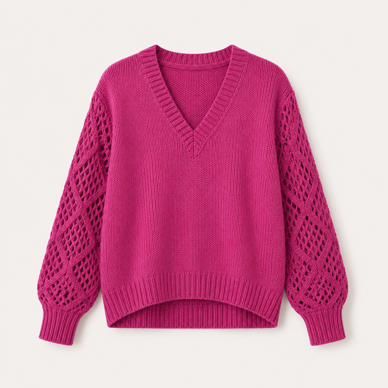 Matilda Evans | Elegant V-Neck Knit Sweater with Open-Knit Sleeves