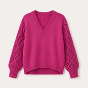 Matilda Evans | Elegant V-Neck Knit Sweater with Open-Knit Sleeves