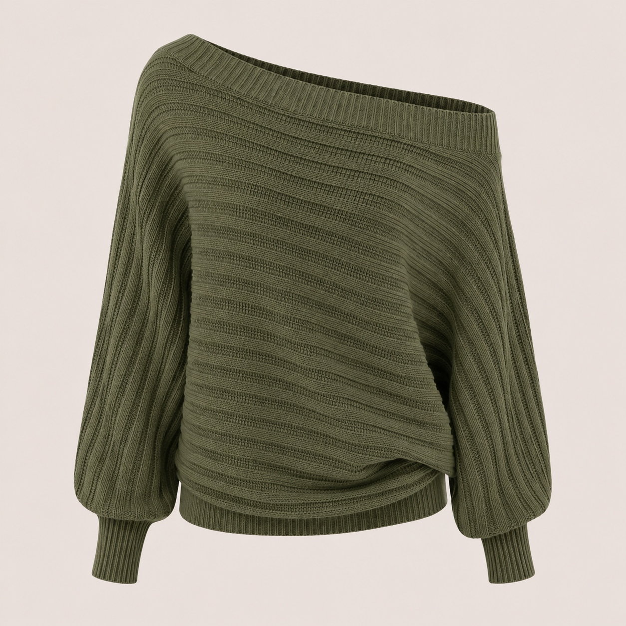 Matilda Green | Off-Shoulder Ribbed Knit Sweater