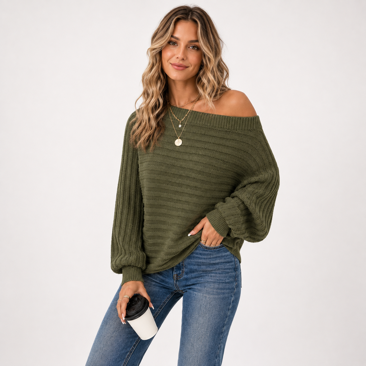 Matilda Green | Off-Shoulder Ribbed Knit Sweater