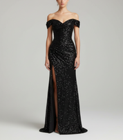 Melina Dawson | Off-Shoulder Sequin Maxi Prom Dress