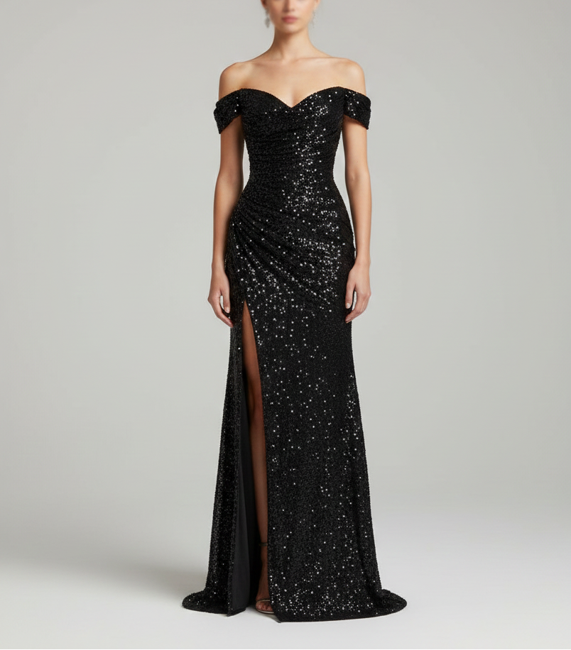 Melina Dawson | Off-Shoulder Sequin Maxi Prom Dress