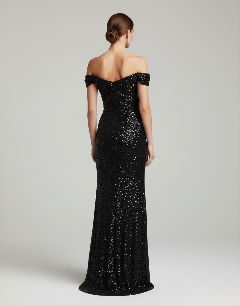 Melina Dawson | Off-Shoulder Sequin Maxi Prom Dress