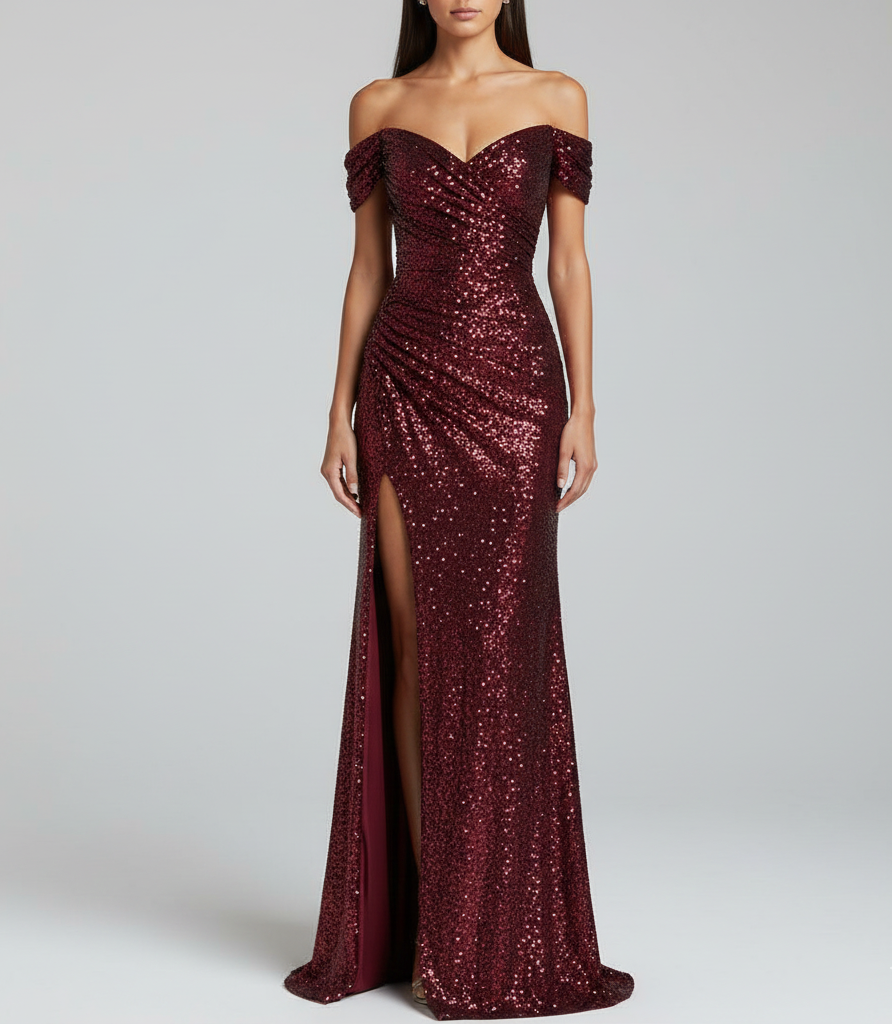 Melina Dawson | Off-Shoulder Sequin Maxi Prom Dress