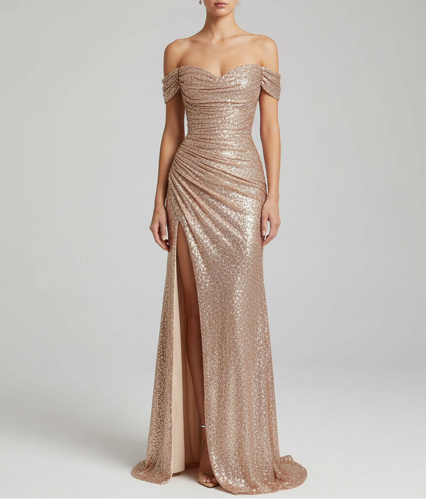 Melina Dawson | Off-Shoulder Sequin Maxi Prom Dress