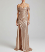 Melina Dawson | Off-Shoulder Sequin Maxi Prom Dress