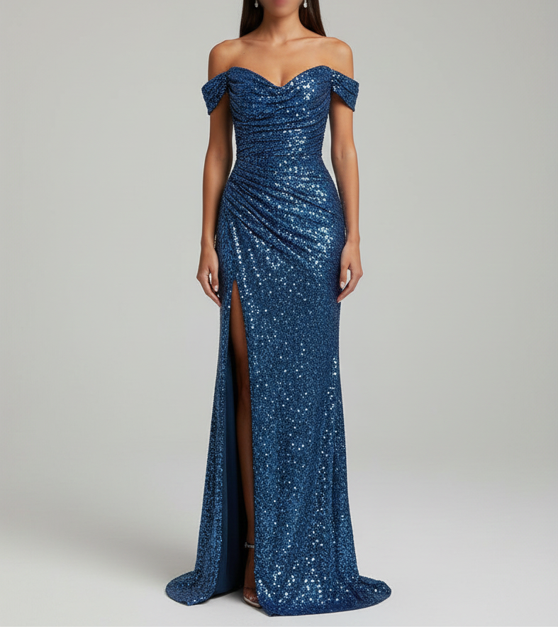Melina Dawson | Off-Shoulder Sequin Maxi Prom Dress