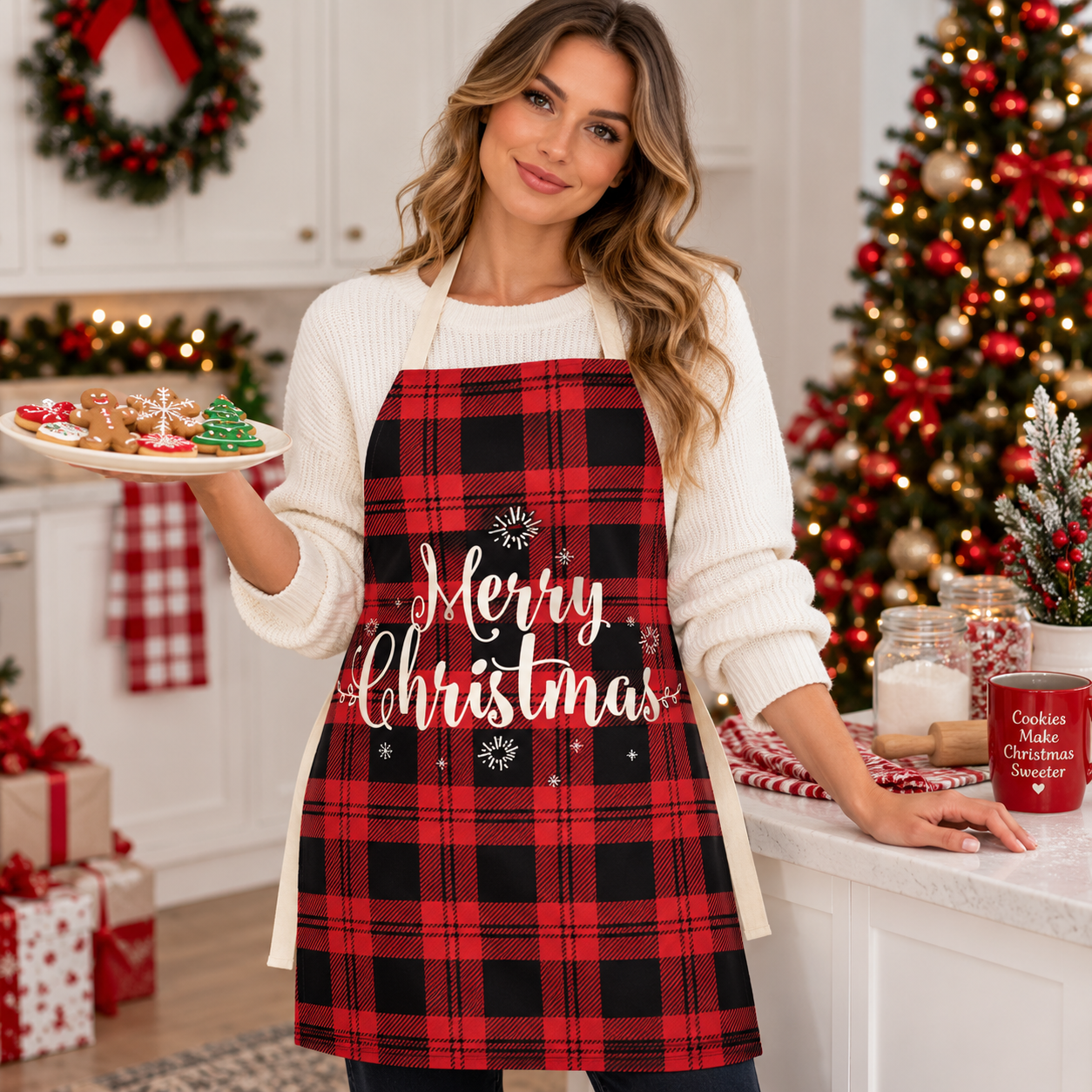 Tablier de Noël rouge à carreaux buffalo Merry Hearth pour femmes