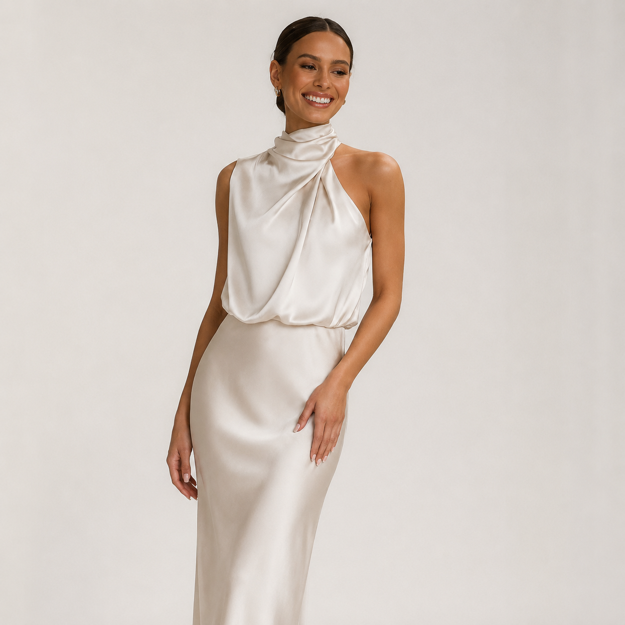 Natalia VanCourt | Women’s Elegant Halter Midi Dress – Draped Neckline with Fluid Silhouette
