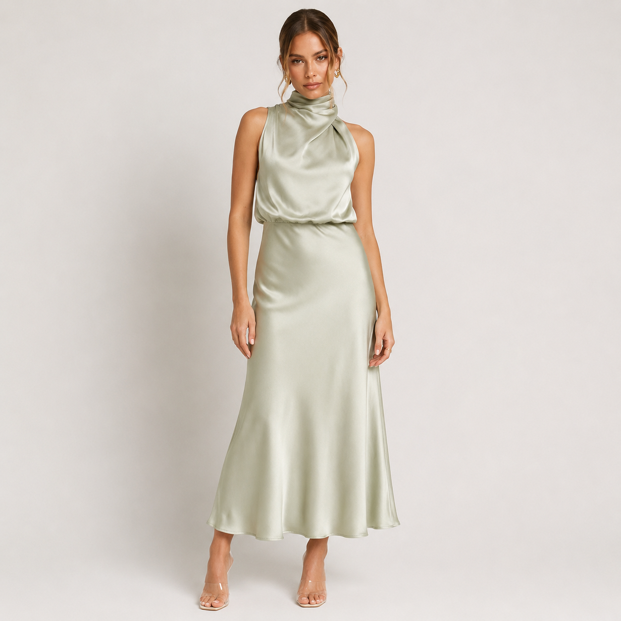 Natalia VanCourt | Women’s Elegant Halter Midi Dress – Draped Neckline with Fluid Silhouette