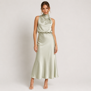 Natalia VanCourt | Women’s Elegant Halter Midi Dress – Draped Neckline with Fluid Silhouette