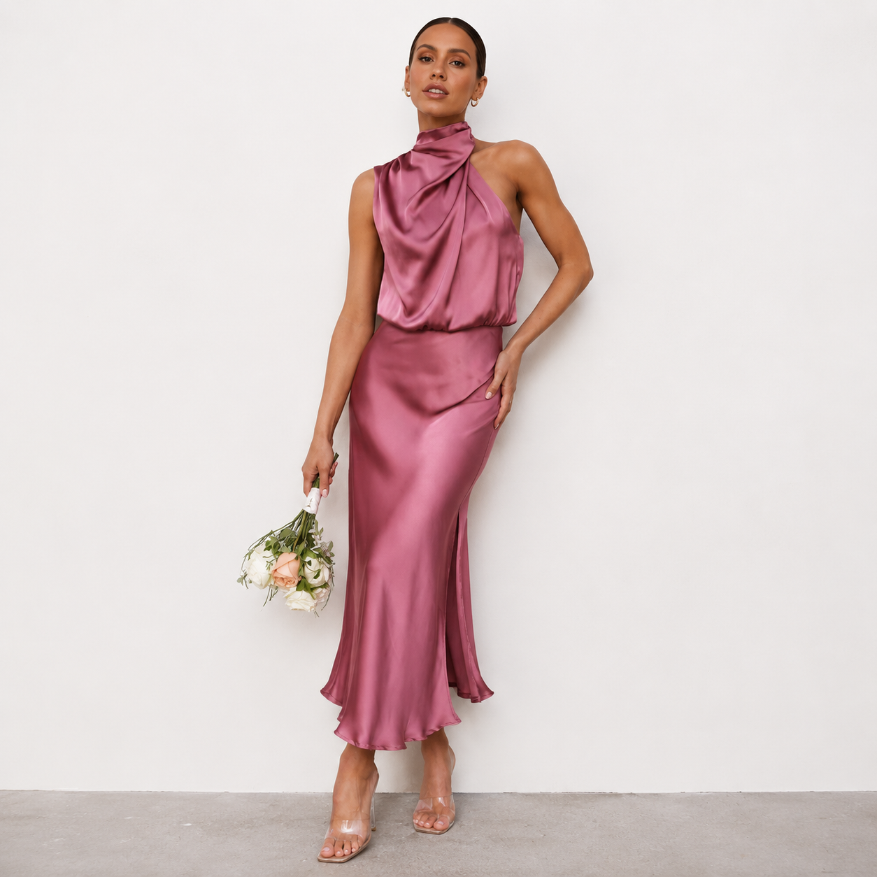 Natalia VanCourt | Women’s Elegant Halter Midi Dress – Draped Neckline with Fluid Silhouette