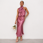 Natalia VanCourt | Women’s Elegant Halter Midi Dress – Draped Neckline with Fluid Silhouette