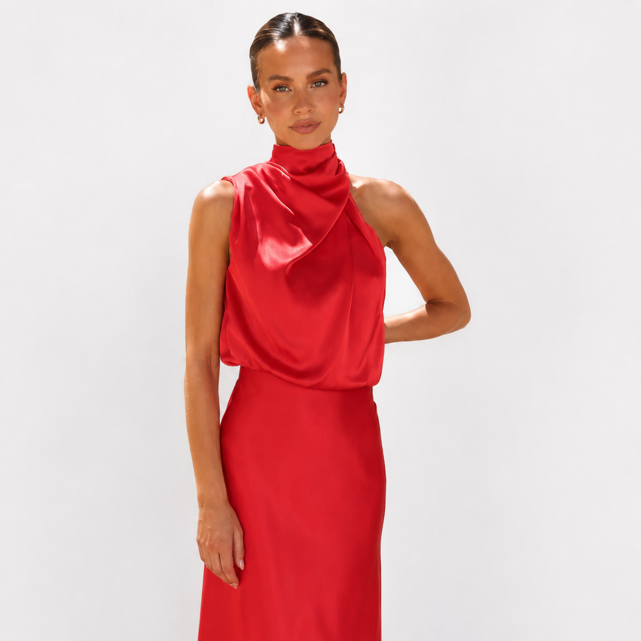 Natalia VanCourt | Women’s Elegant Halter Midi Dress – Draped Neckline with Fluid Silhouette