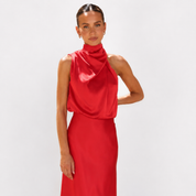 Natalia VanCourt | Women’s Elegant Halter Midi Dress – Draped Neckline with Fluid Silhouette