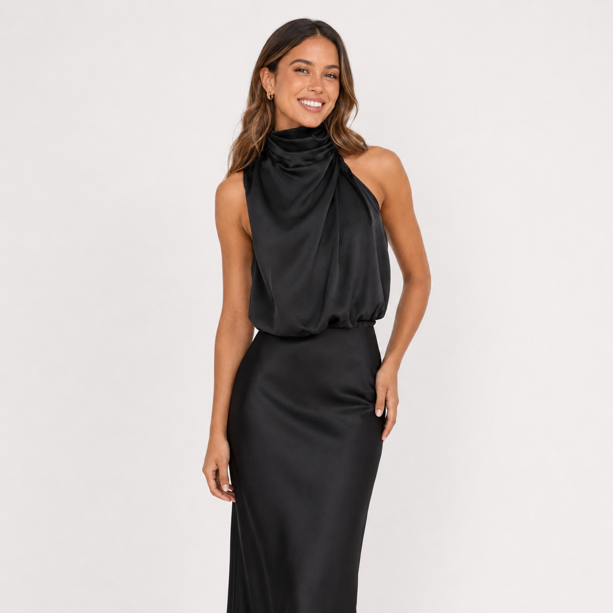 Natalia VanCourt | Women’s Elegant Halter Midi Dress – Draped Neckline with Fluid Silhouette