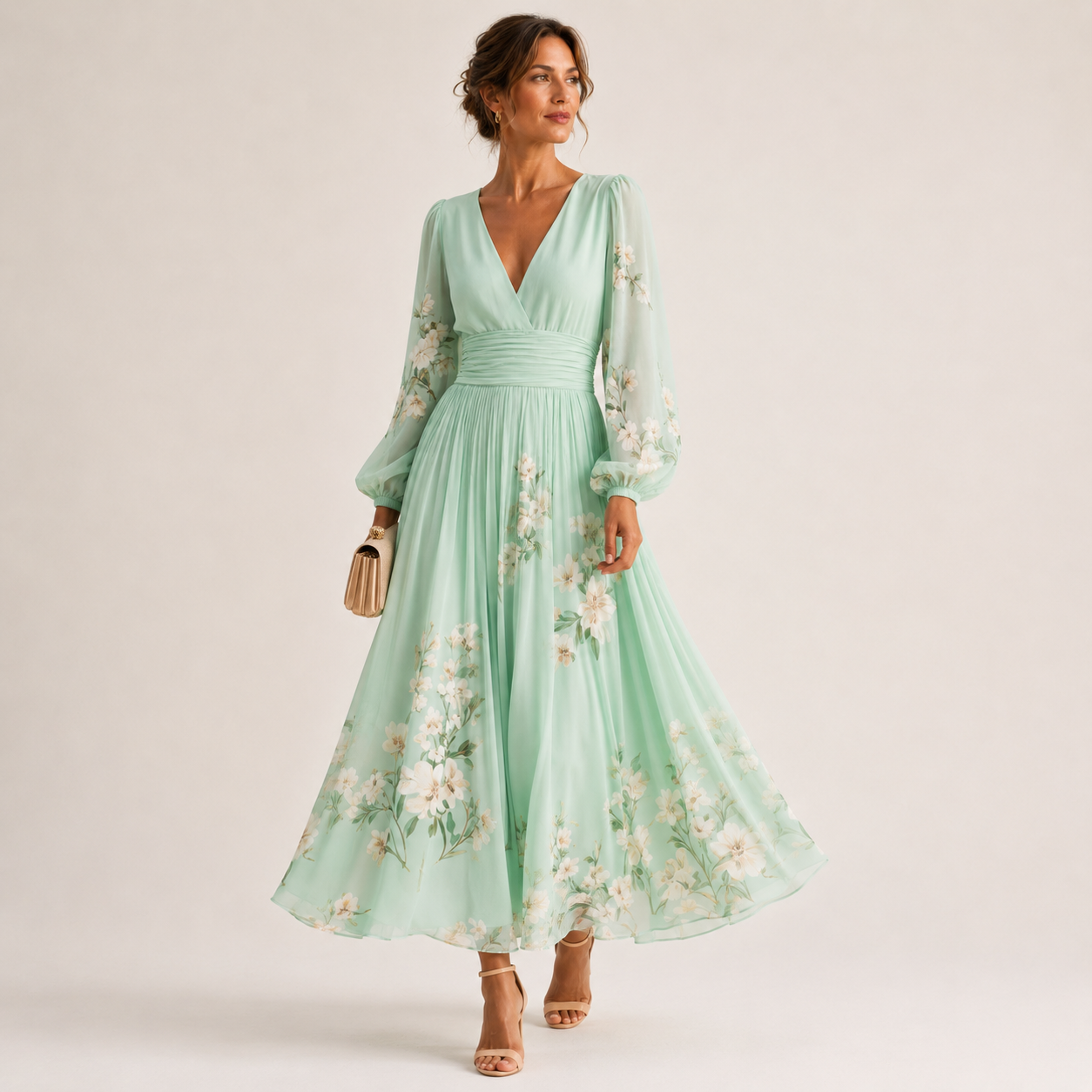 Nicola Clarke | V-Neck Chiffon Floral Midi Dress in Sage